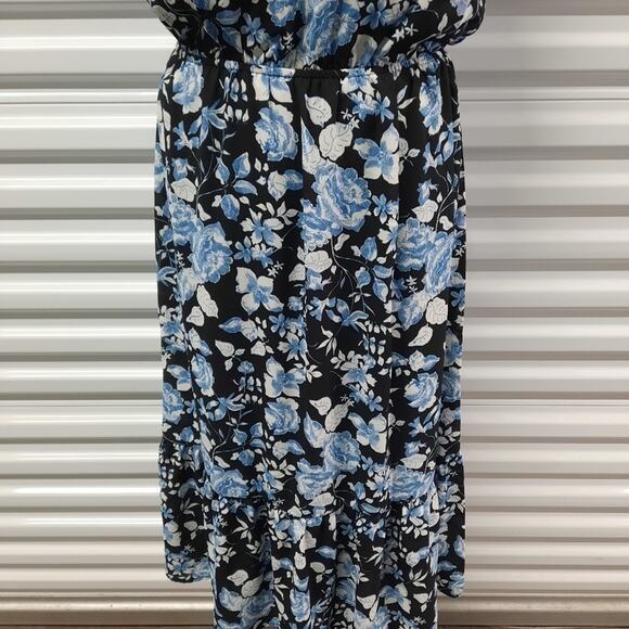 Creative Concepts Dress Women's Medium Black Blue Floral Short Sleeve Open Back - Picture 4 of 12
